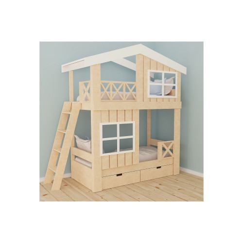 Łóżko piętrowe domek z drabinką z boku