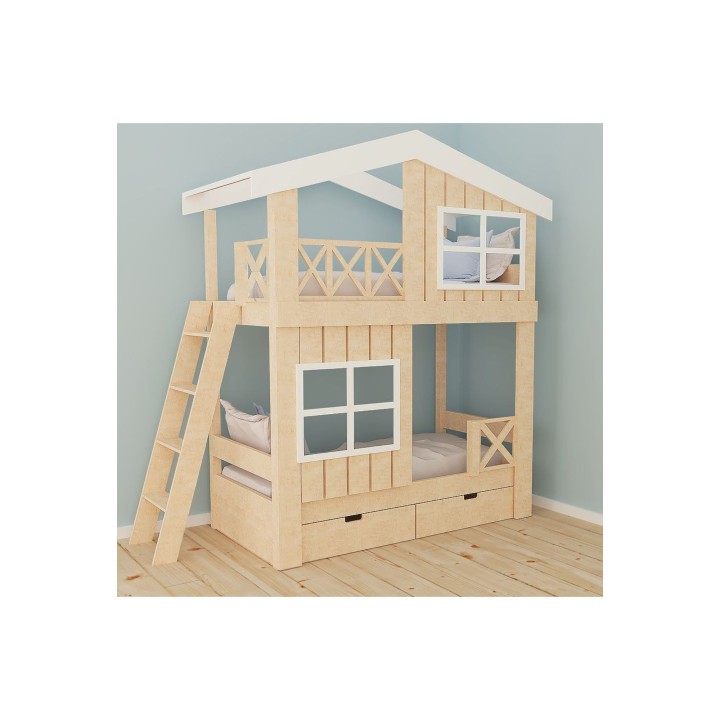 Łóżko piętrowe domek z drabinką z boku