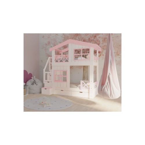 Łóżko piętrowe domek ze schodkami