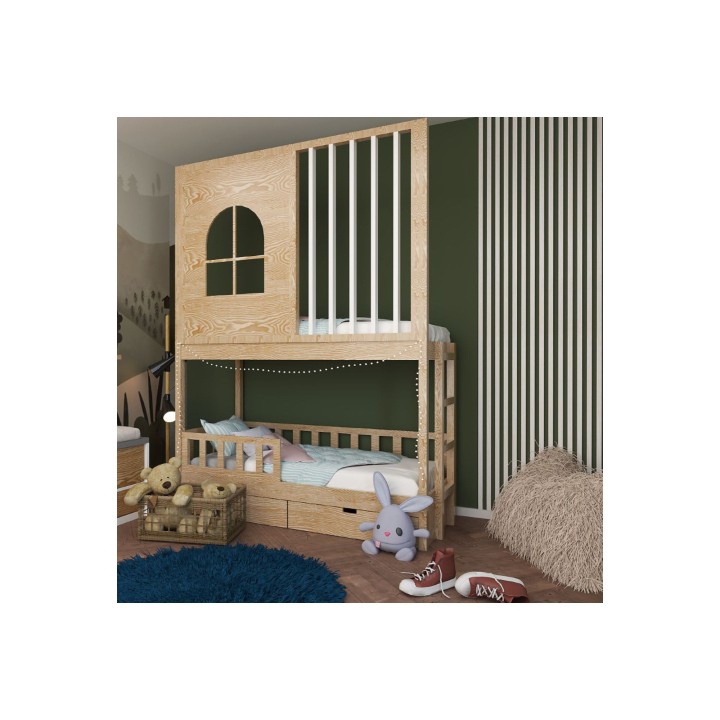 Łóżko piętrowe z lamelami, oknem i drabinką z boku