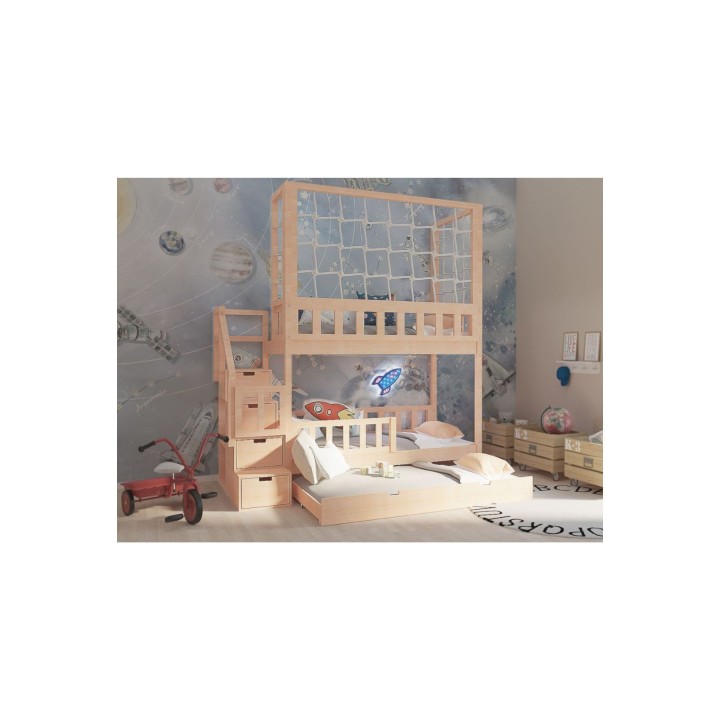 Łóżko piętrowe z panelem sznurkowym i schodami