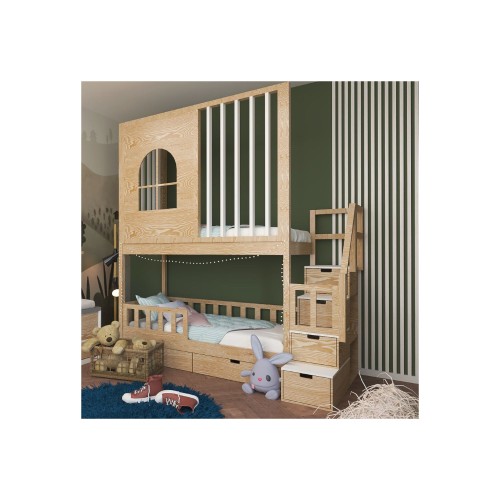 Łóżko piętrowe z lamelami, oknem i schodami