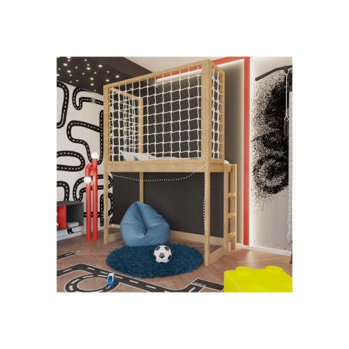 Łóżko na antresoli z panelem sznurkowym i drabinką z boku