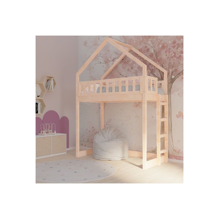 Łóżko na antresoli w kształcie domku z drabinką