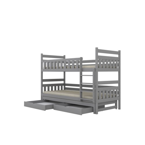 Szare łóżko piętrowe z dodatkowym spaniem i szufladami