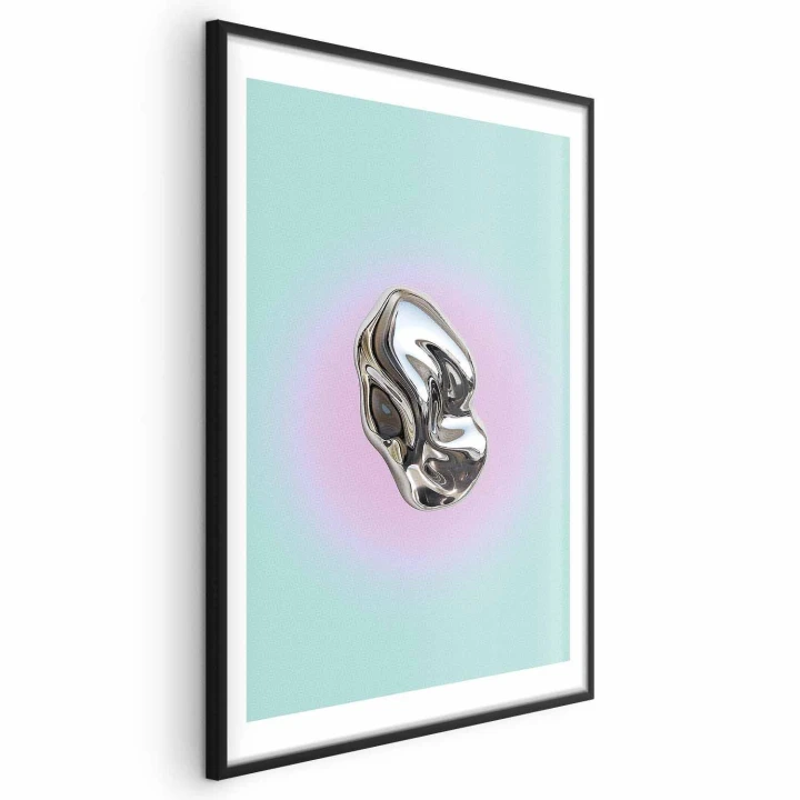 Plakat - Metaliczna Forma - abstrakcyjna rzeźba na miętowym tle z fioletowym halo