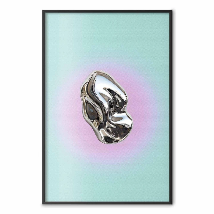 Plakat - Metaliczna Forma - abstrakcyjna rzeźba na miętowym tle z fioletowym halo