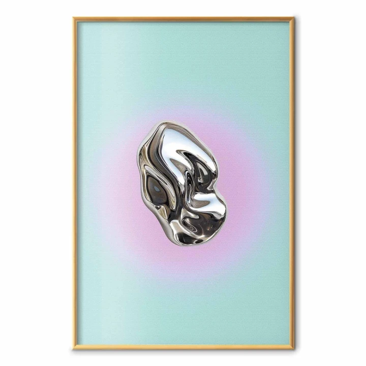 Plakat - Metaliczna Forma - abstrakcyjna rzeźba na miętowym tle z fioletowym halo