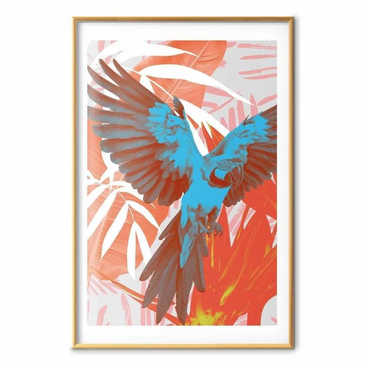 Plakat - Egzotyczne skrzydła - Papuga wśród abstrakcyjnych wzorów liści