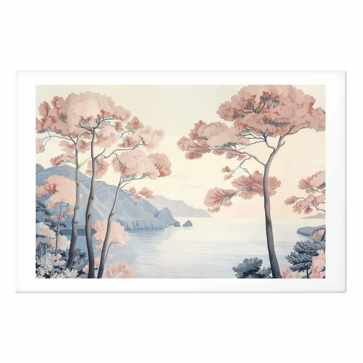Plakat - Ocean klify i drzewa delikatny motyw w pastelowych kolorach