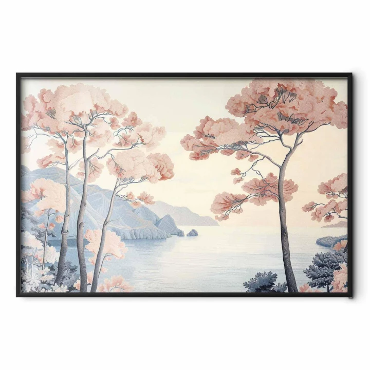 Plakat - Ocean klify i drzewa delikatny motyw w pastelowych kolorach