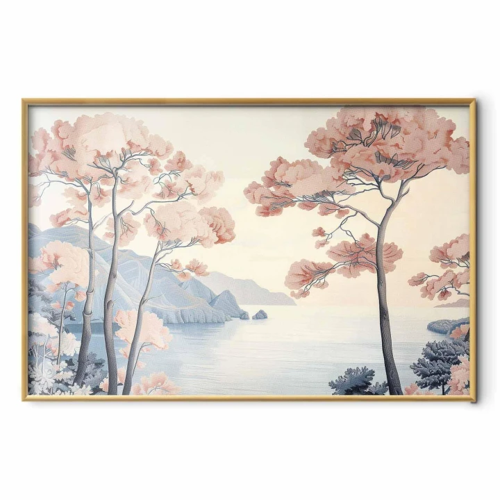 Plakat - Ocean klify i drzewa delikatny motyw w pastelowych kolorach