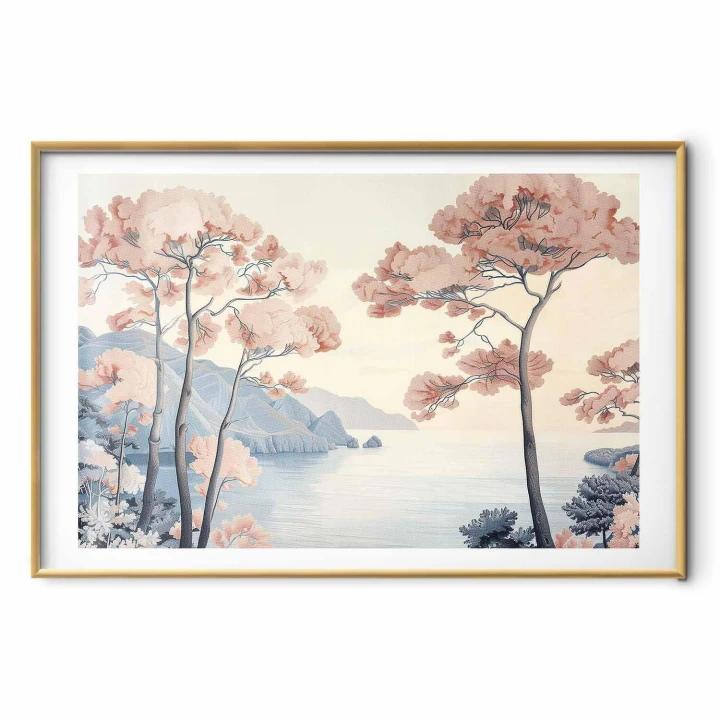 Plakat - Ocean klify i drzewa delikatny motyw w pastelowych kolorach