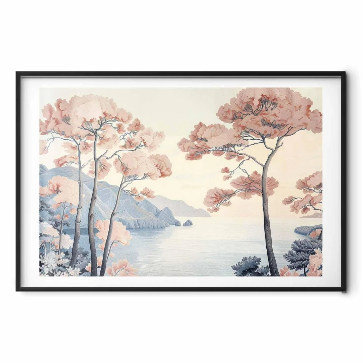 Plakat - Ocean klify i drzewa delikatny motyw w pastelowych kolorach