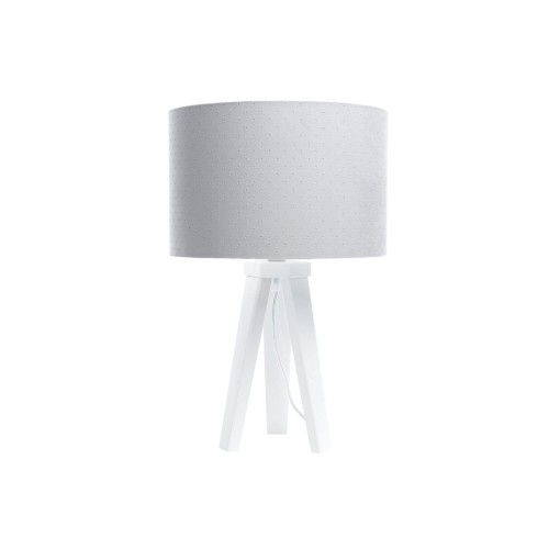 Szara lampka nocna na białym trójnogu