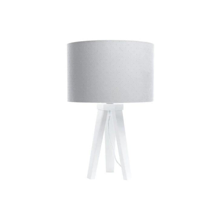 Szara lampka nocna na białym trójnogu