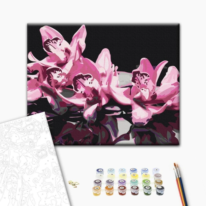 Obraz do samodzielnego malowania - Różowa orchidea (czarne tło)