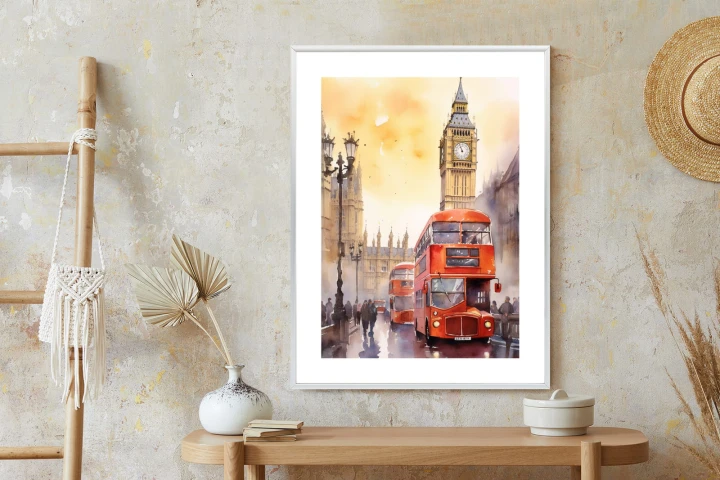 Plakat Autobus I Big Ben W Akwarelowym Londynie