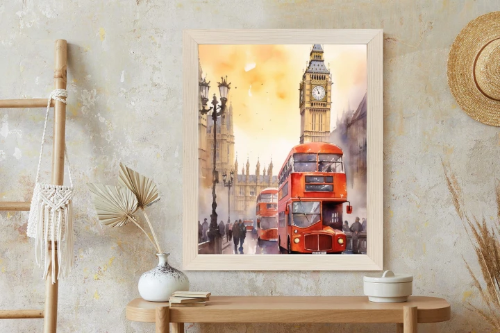 Plakat Autobus I Big Ben W Akwarelowym Londynie