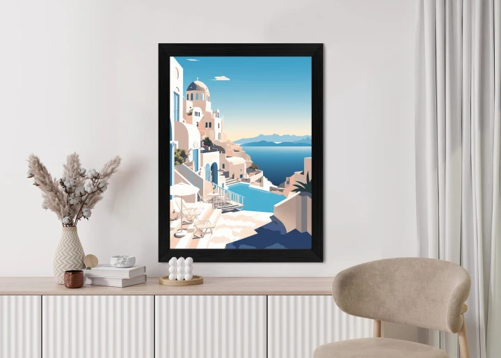 Plakat Grecka Architektura Na Santorini I Błękitne Morze