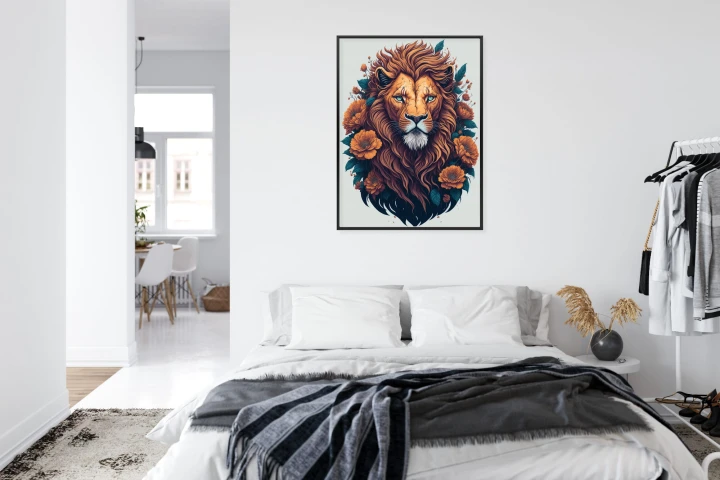 Plakat Głowa Rudego Lwa Z Grzywą I Kwiatami