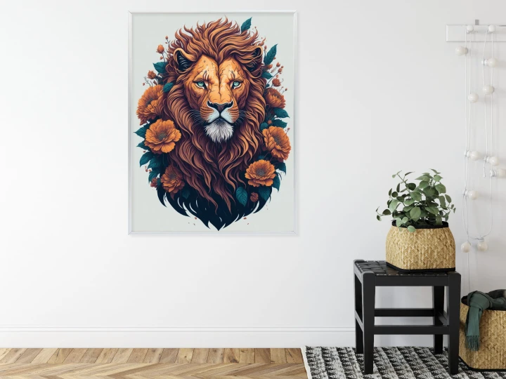 Plakat Głowa Rudego Lwa Z Grzywą I Kwiatami