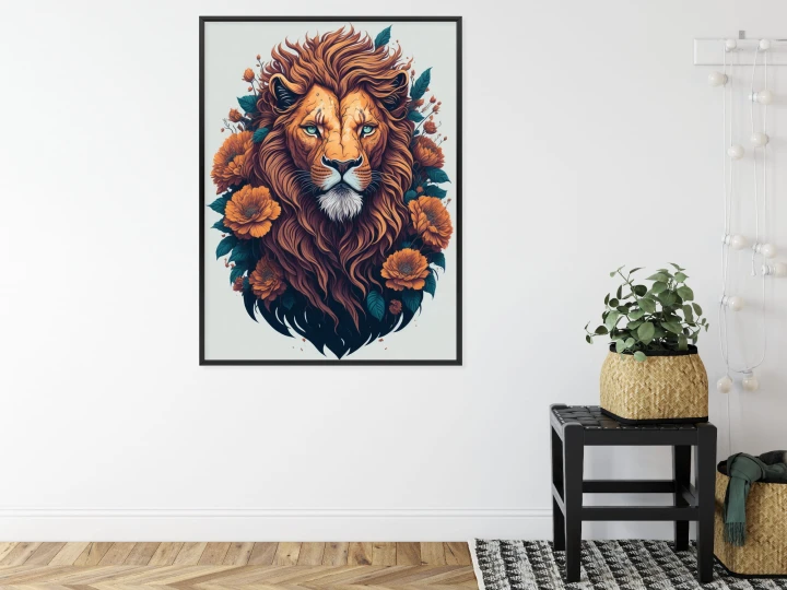 Plakat Głowa Rudego Lwa Z Grzywą I Kwiatami