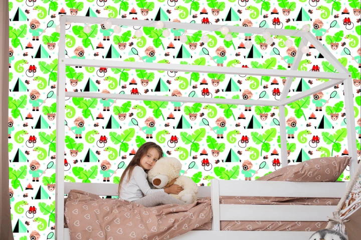 Tapeta Do Pokoju Chłopca Liście, Zieleń, Zwierzęta