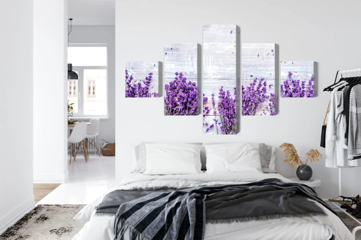 Obraz Wieloczęściowy Kwiaty Lawendy Na Tle Rustykalnej Drewnianej Deski