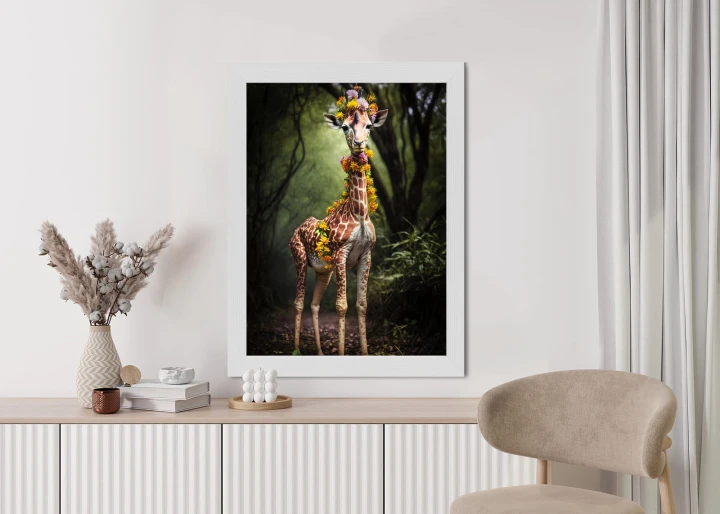 Plakat Młoda Żyrafa Z Nakryciem Z Kolorowych Kwiatów Dżungli