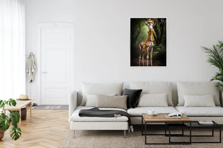 Plakat Młoda Żyrafa Z Nakryciem Z Kolorowych Kwiatów Dżungli