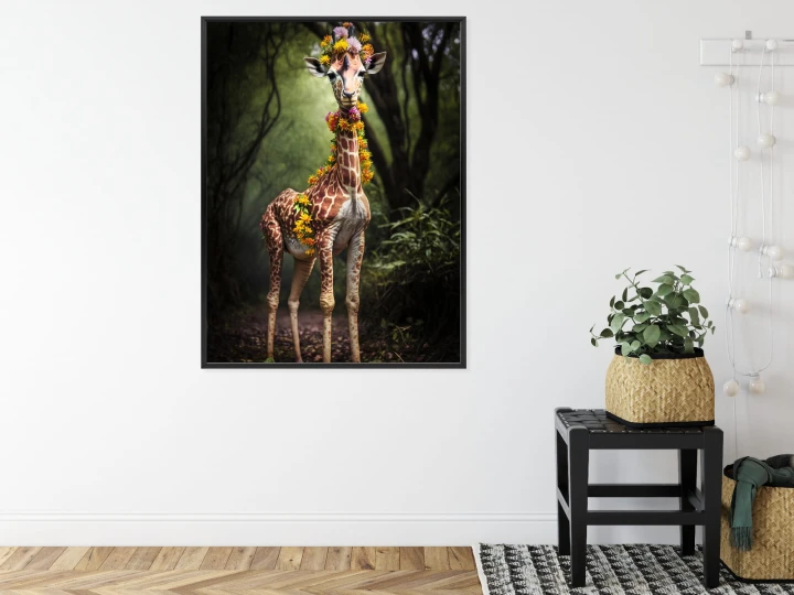 Plakat Młoda Żyrafa Z Nakryciem Z Kolorowych Kwiatów Dżungli