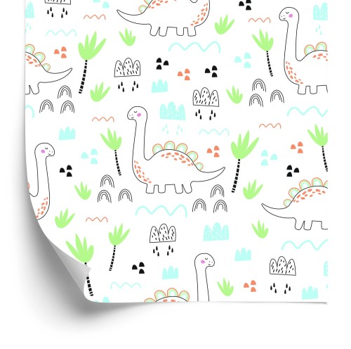 Tapeta Dla Dzieci, Dinozaury Chmury Drzewa Zieleń