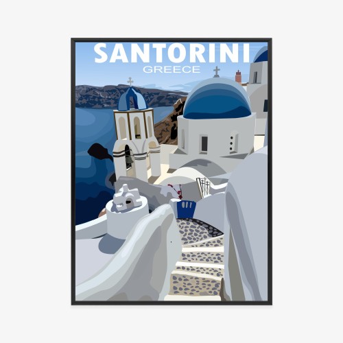 Plakat Typowe Greckie Budynki Z Niebieskimi Dachami Na Santorini