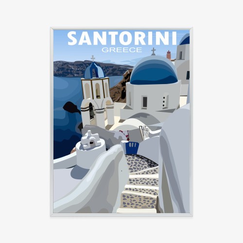 Plakat Typowe Greckie Budynki Z Niebieskimi Dachami Na Santorini