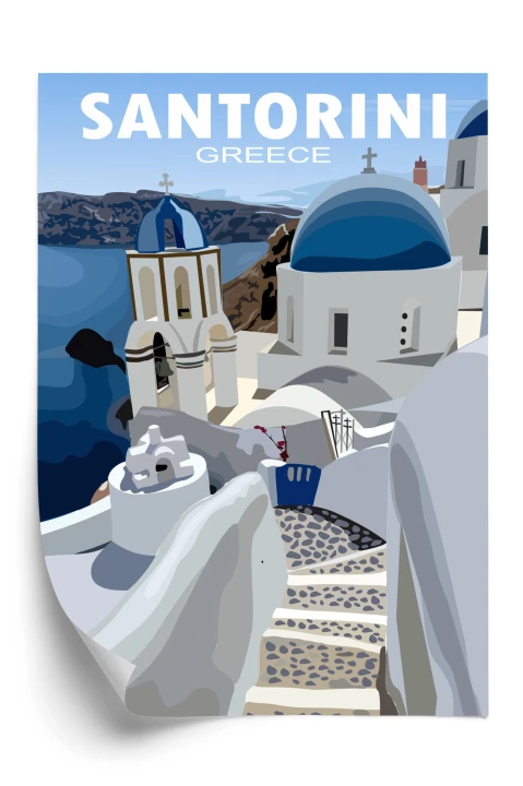 Plakat Typowe Greckie Budynki Z Niebieskimi Dachami Na Santorini