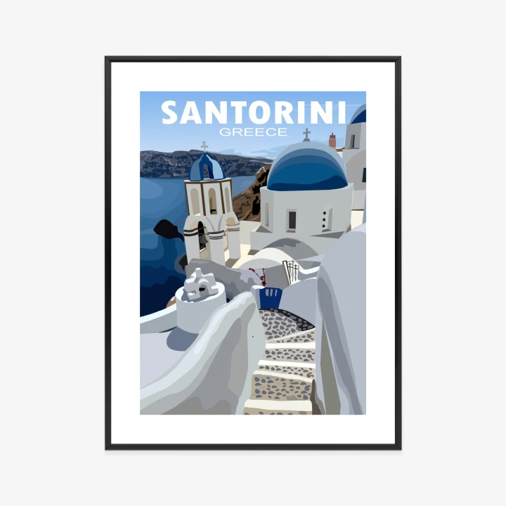 Plakat Typowe Greckie Budynki Z Niebieskimi Dachami Na Santorini