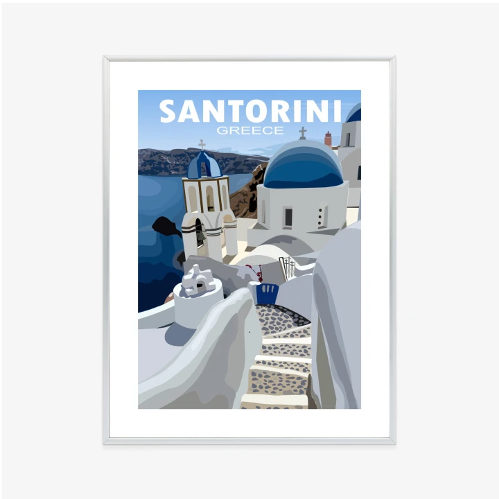 Plakat Typowe Greckie Budynki Z Niebieskimi Dachami Na Santorini