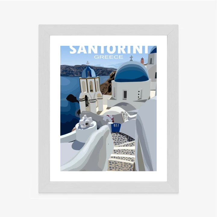 Plakat Typowe Greckie Budynki Z Niebieskimi Dachami Na Santorini