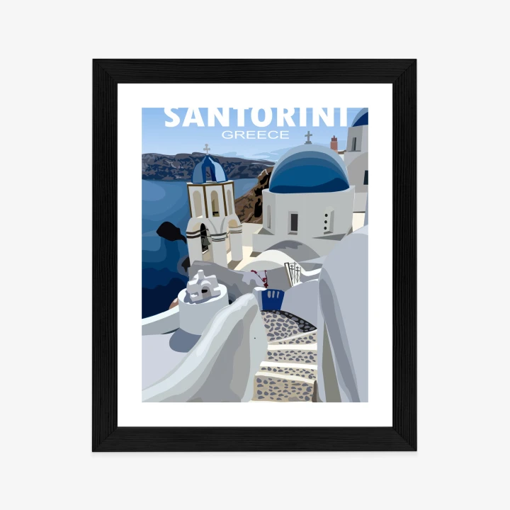 Plakat Typowe Greckie Budynki Z Niebieskimi Dachami Na Santorini