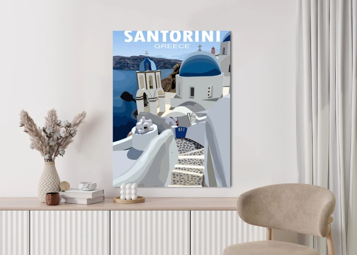 Plakat Typowe Greckie Budynki Z Niebieskimi Dachami Na Santorini