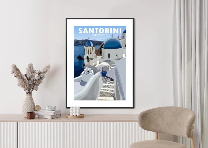 Plakat Typowe Greckie Budynki Z Niebieskimi Dachami Na Santorini