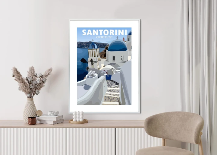 Plakat Typowe Greckie Budynki Z Niebieskimi Dachami Na Santorini