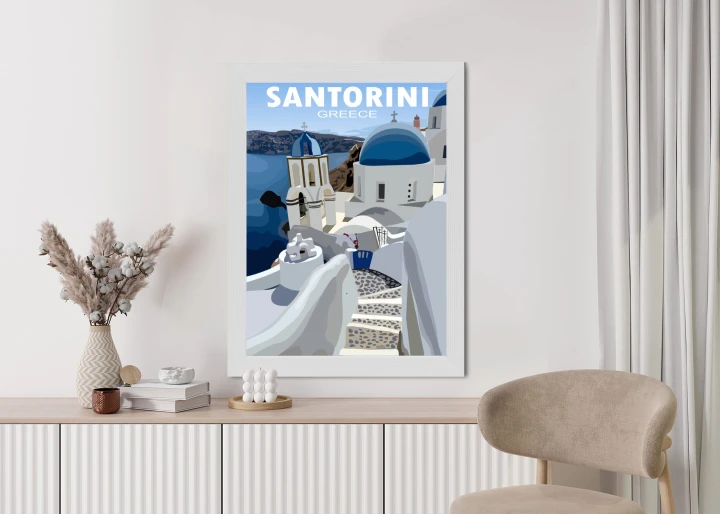 Plakat Typowe Greckie Budynki Z Niebieskimi Dachami Na Santorini