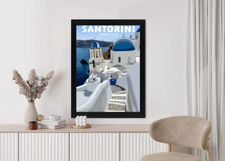 Plakat Typowe Greckie Budynki Z Niebieskimi Dachami Na Santorini
