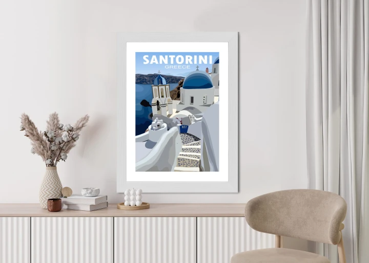 Plakat Typowe Greckie Budynki Z Niebieskimi Dachami Na Santorini