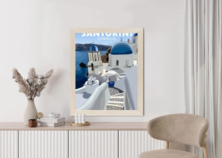 Plakat Typowe Greckie Budynki Z Niebieskimi Dachami Na Santorini