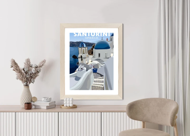 Plakat Typowe Greckie Budynki Z Niebieskimi Dachami Na Santorini