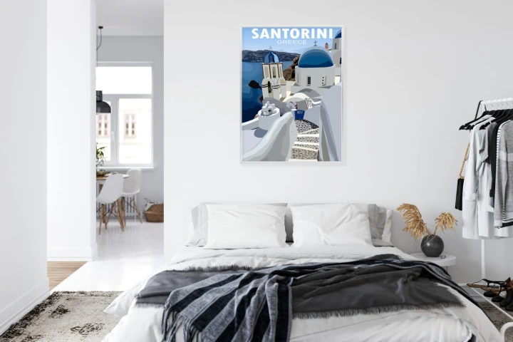 Plakat Typowe Greckie Budynki Z Niebieskimi Dachami Na Santorini