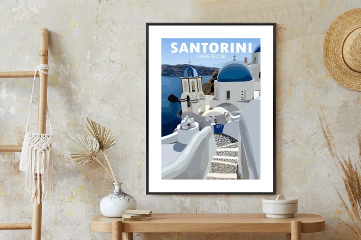 Plakat Typowe Greckie Budynki Z Niebieskimi Dachami Na Santorini